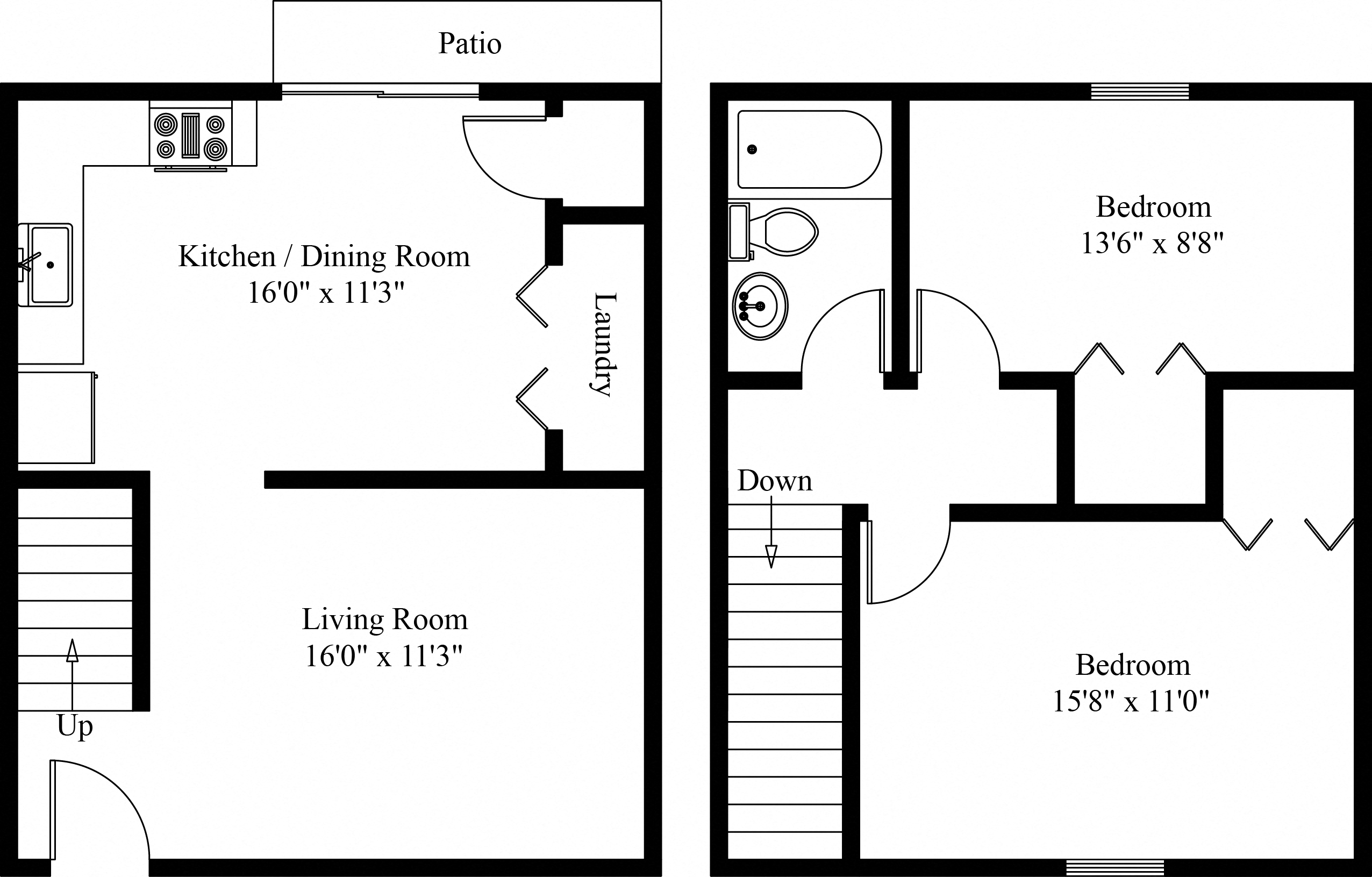 Floor plan for 2 beds, 1 bath